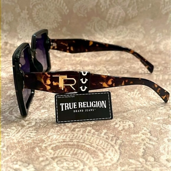 Brand New True Religion Oversized Square Sunglasses Tortoise Purple Lens - Picture 3 of 15